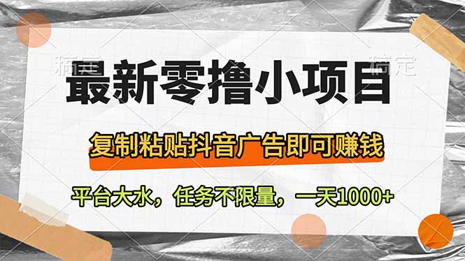 最新零撸小项目，复制粘贴抖音广告即可赚钱，平台大水，任务不限量